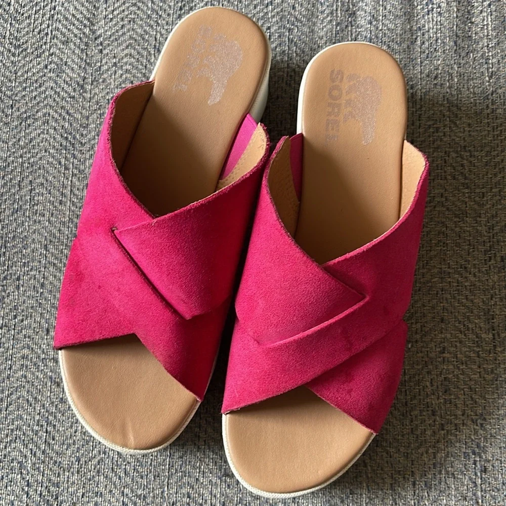 Sorel Pink Suede Platform Slide Sandals, 8